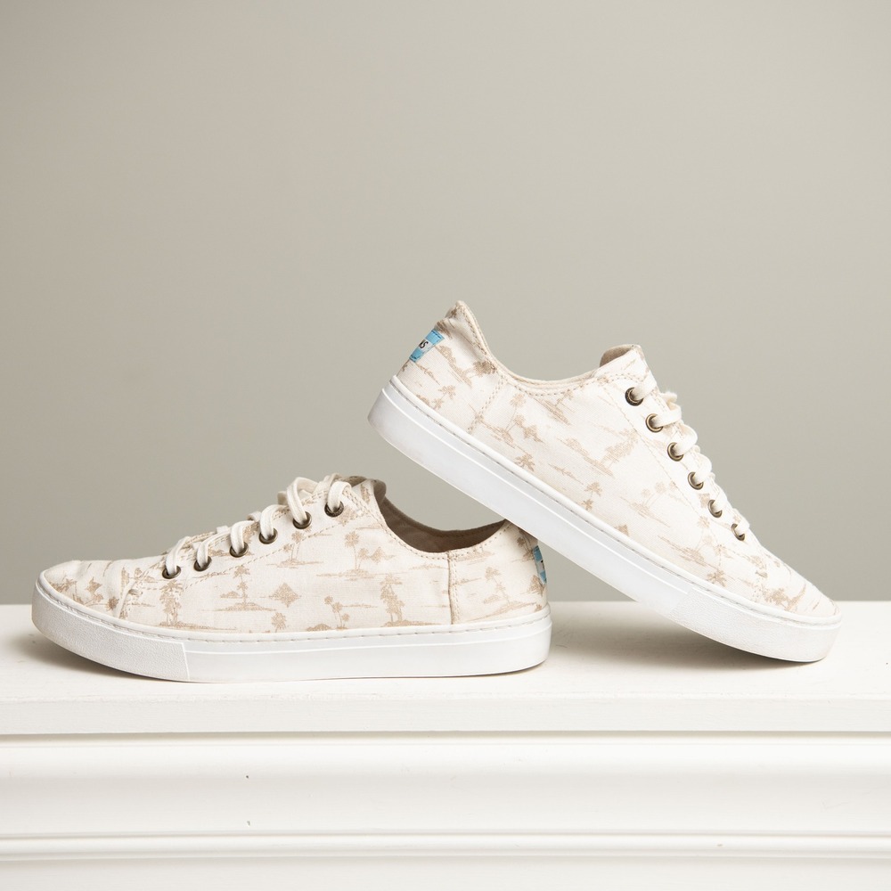 TOMS Low Top Beige &‎ Gold Tropical Palm Trees SZ 9 Beachy Resort Vacay Sneakers